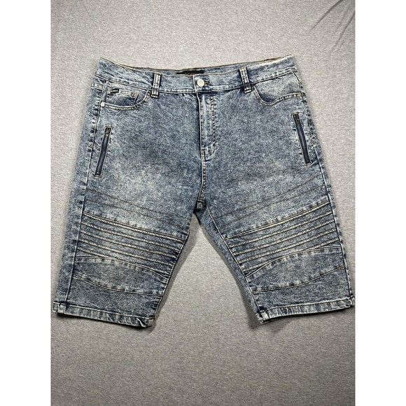 Rocawear Distressed Moto Jean Shorts Mens Size 38 STRETCH Slim Blue Y2k Grunge - Picture 1 of 6